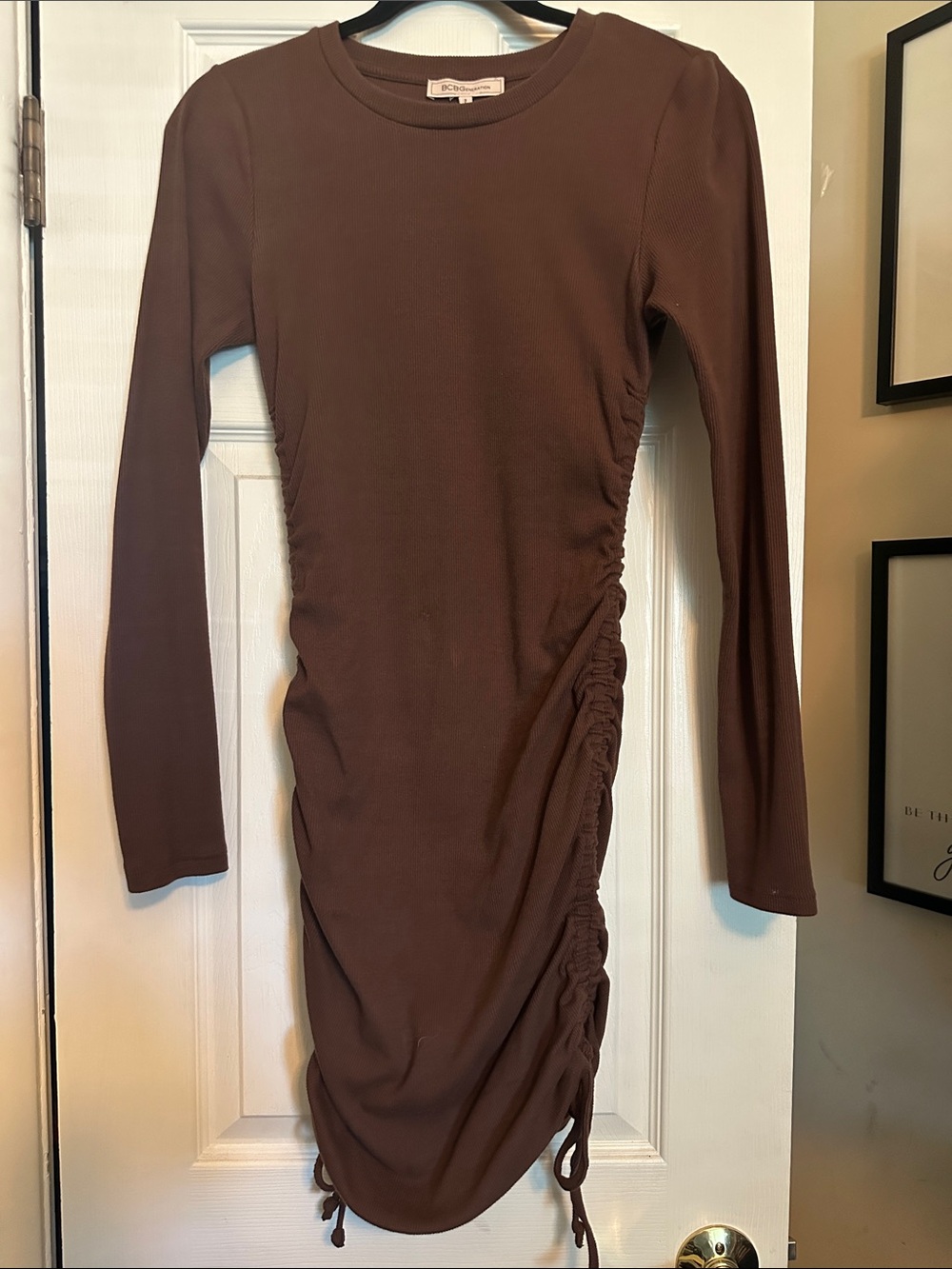 BCBGeneration Brown Long-Sleeve Ruched Side Bodycon Dress